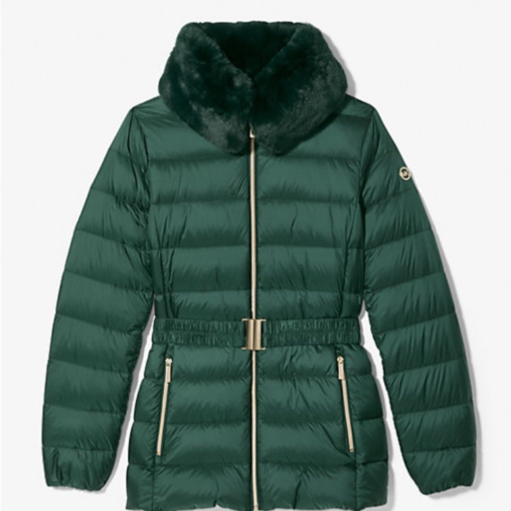 MICHAEL Michael Kors Dark Green Puffer packable down Jacket with Fur Collar